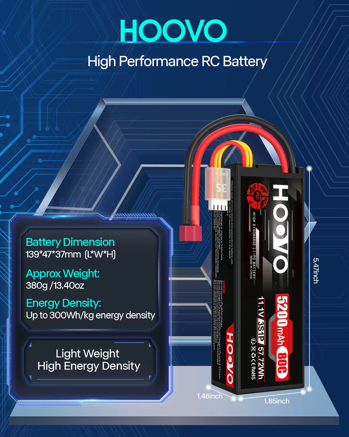 HOOVO 5200 mAh Lipo Batterie 3S 11,1 V 80C mit T-Stecker im Hard Case für RC Auto, Heli, Flugzeug und Boot, 2 Stück, Schwarz - Bild 2
