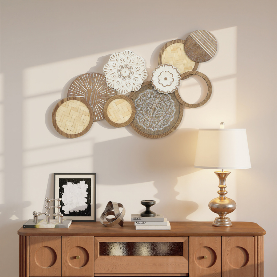 HOMCOM Moderne Holzwanddekoration Geometrische Wandskulptur in Naturholz und Weiß, B/H: 83,8 x 44,5 cm - Bild 2