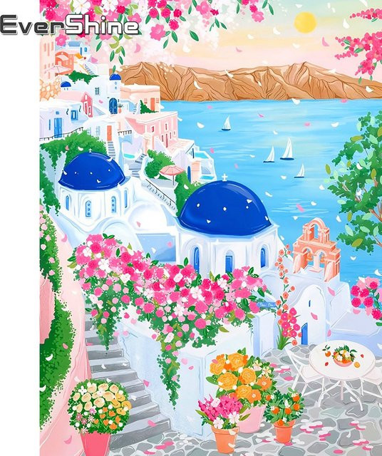 Evershine 5D-Diamant-Stickerei Meereslandschaft und Blumen-Cartoon als quadratisches Mosaik-Gemälde mit Strass B: 30,0 cm, H: 20,0 cm - Bild 1