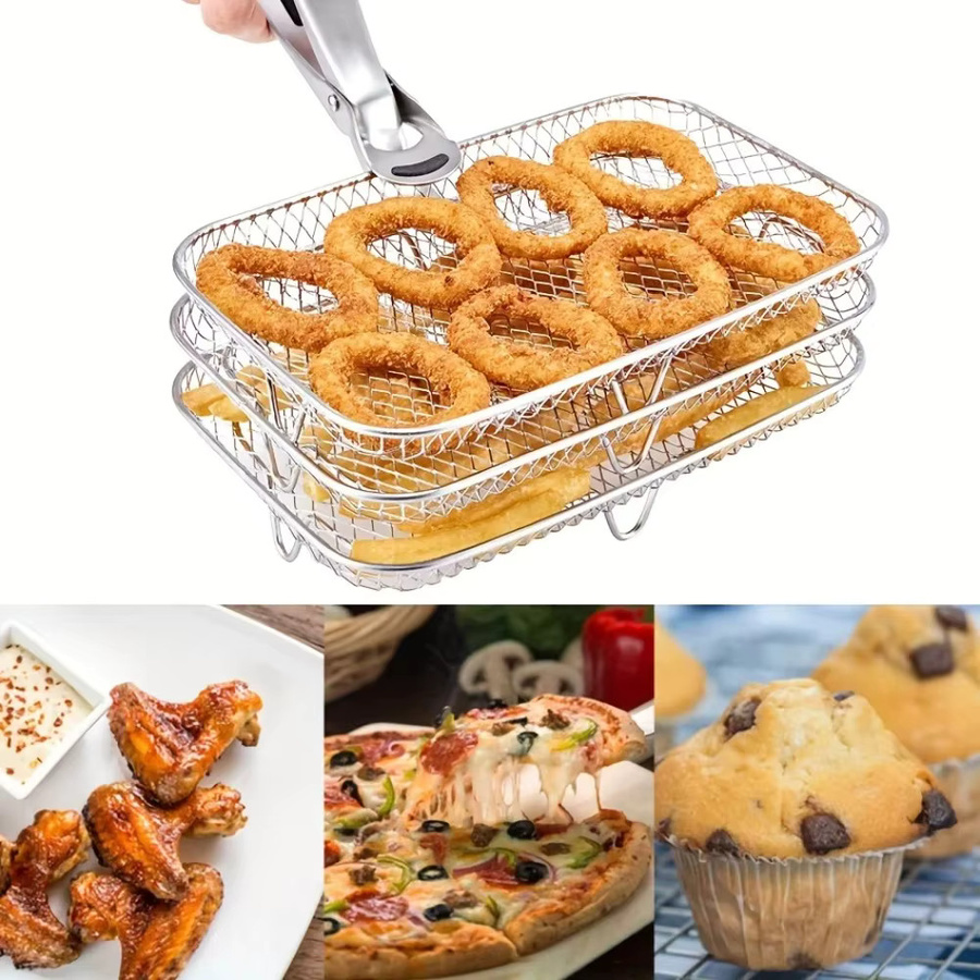 FEB.WIND Edelstahl Grill Korb für Heißluftfritteuse, stapelbares Antihaft-Ablaufkörbchen in Silber - Bild 3