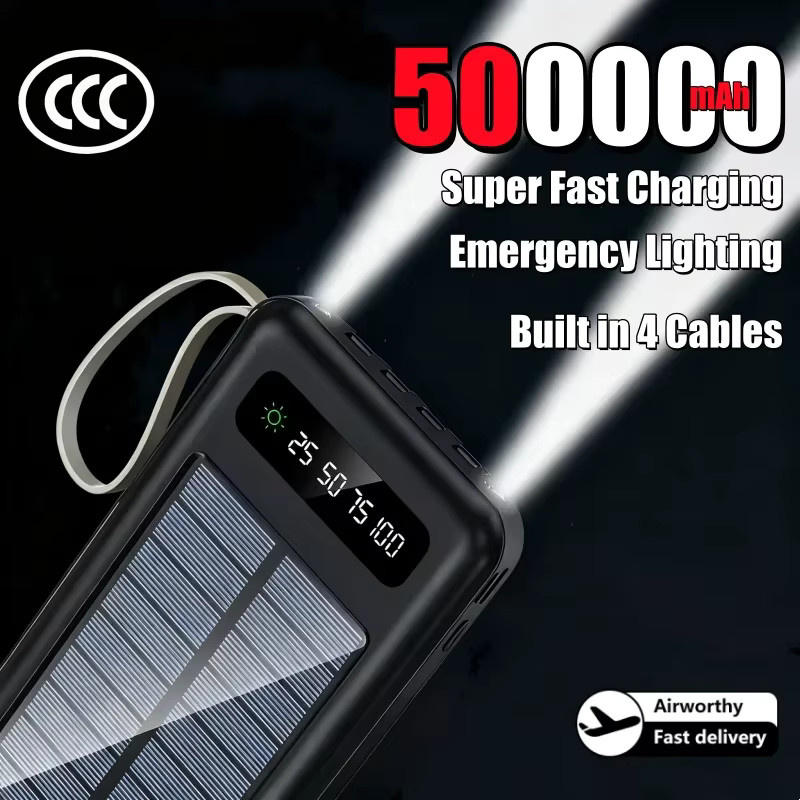Solar Power Bank mit 50000 mAh Kapazität und Schnellladung, tragbare Powerbank mit integrierter Taschenlampe und 4 Kabeln, erhältlich in Schwarz oder Weiß - Bild 2