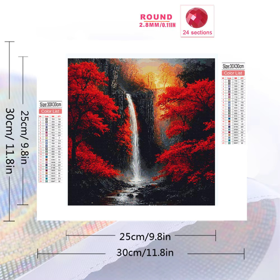 Momoart Diamantmalerei Berglandschaft mit Wasserfall und Bäumen, Rundes Mosaik-Bild in Herbstfarben - Bild 2