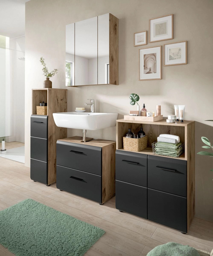 Badezimmer Kommode Set Cover in Schwarz und Eiche, bestehend aus Waschtischunterschrank und Seitenschrank, B/T/H: 120 x 80 x 30 cm - Bild 4