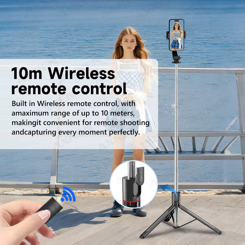 AXNEN F15 Ausziehbares Selfie-Stick-Stativ in Schwarz mit Bluetooth-Fernbedienung und 360 Grad Rotation sowie optionalem Rotationsfülllicht, Höhe: 171,7 cm - Bild 3