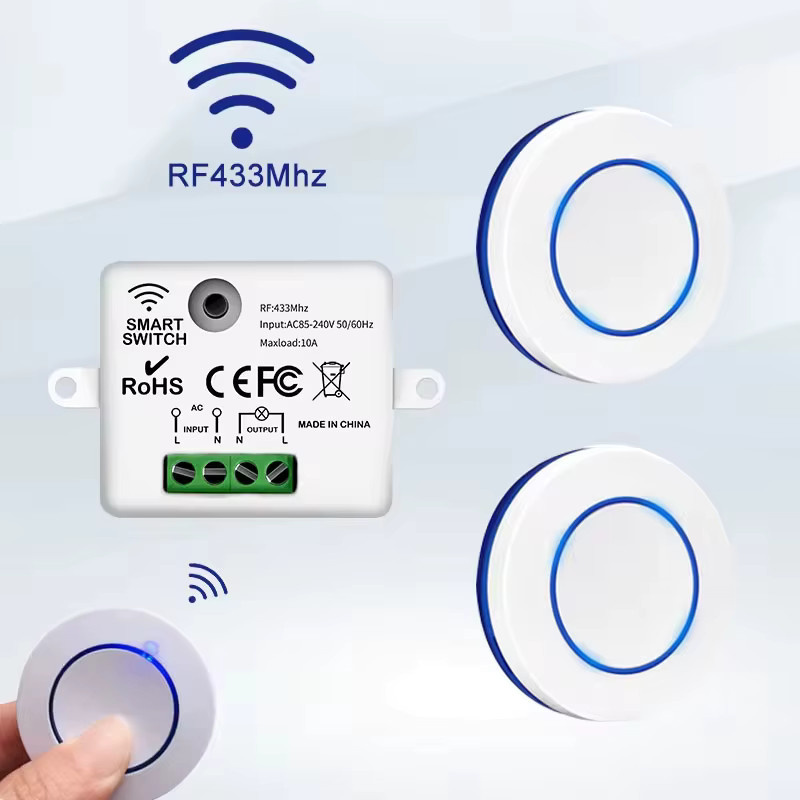 RF 433 MHz Drahtloser Relais-Empfänger mit Fernbedienung und rundem Wandpanel-Schalter für LED-Lampen, 10A, Weiß - Bild 1