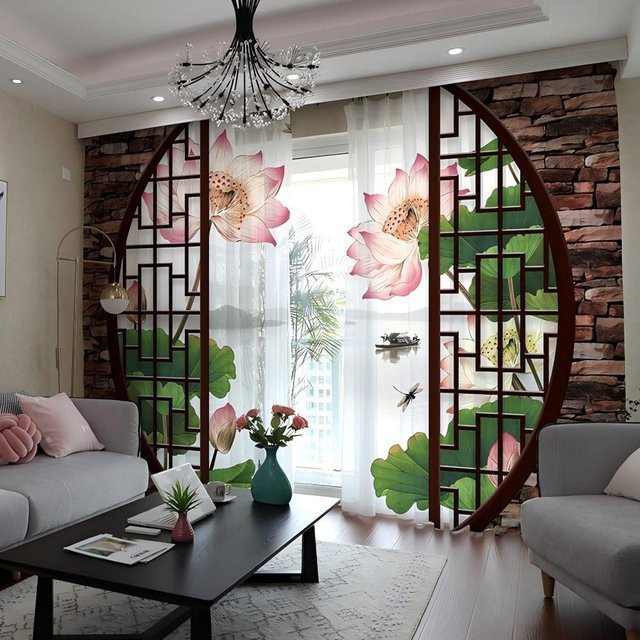 Chinesischer Vorhang mit Tintenlandschaft, Bambus und Lotus in Mehrfarbig, Set aus 2 Stück mit Ösen, Breite: 50 cm, Höhe: 130 cm - Bild 1