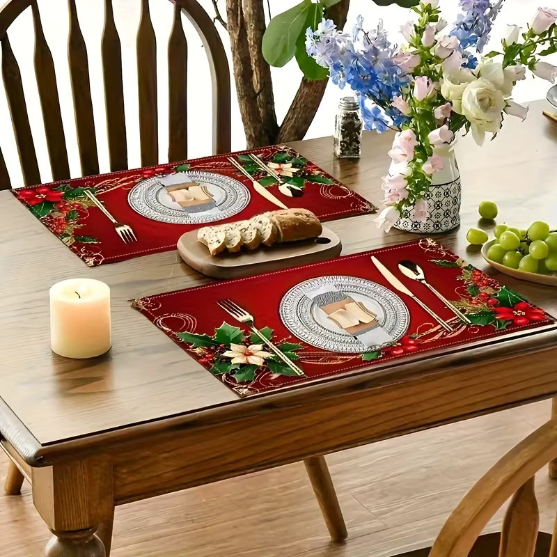 VIKAMA 4er Set Weihnachtliche Tischsets in Rot mit Holly Berry Muster, wasserdicht und hitzebeständig, Rechteckig, B/T: 45 x 30 cm - Bild 4