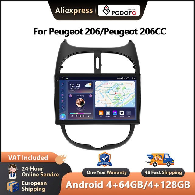 Podofo Autoradio mit kabellosem CarPlay, Android Auto, WIFI und GPS für Peugeot 206, Peugeot 206CC und Citroen C2, Schwarz - Bild 1