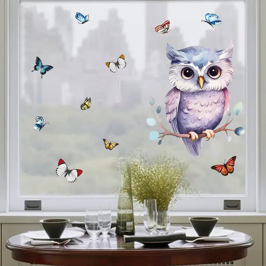 BRUP Wandtattoo mit Eule, Schmetterlingen und Zweigen in Mehrfarbig für Kinderzimmer und Wohnzimmer als Fensteraufkleber - Bild 2