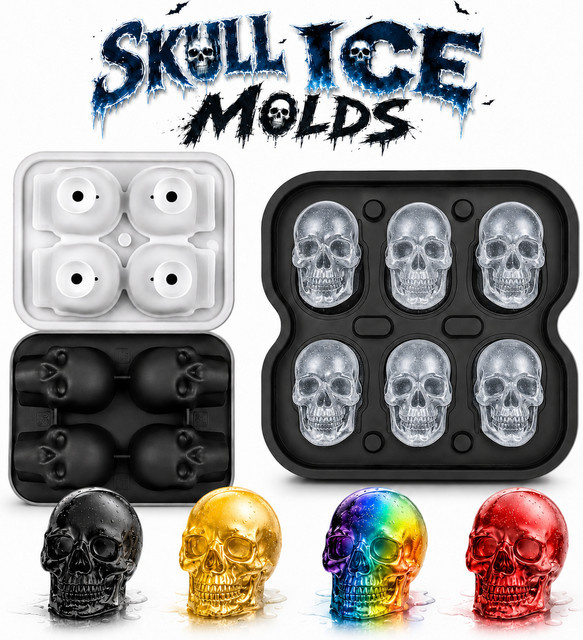 PGY 3D-Silikon-Eiswürfelform mit Totenkopf-Motiv in Schwarz und Grau für Halloween-Partys und Cocktails - Bild 1