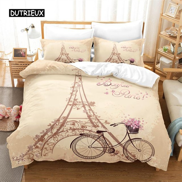 Binchi Outdoor Product Bettwäsche-Set Romantisches Paris mit 3D-Digitaldruck, Beige, B/H: 140 x 200 cm - Bild 1