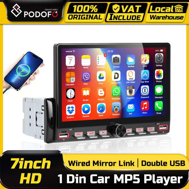 Podofo 1 Din Autoradio mit 7 Zoll Touchscreen MP5 Multimedia-Player, Bluetooth, USB Typ-C, AUX und Mirror Link in Schwarz - Bild 1