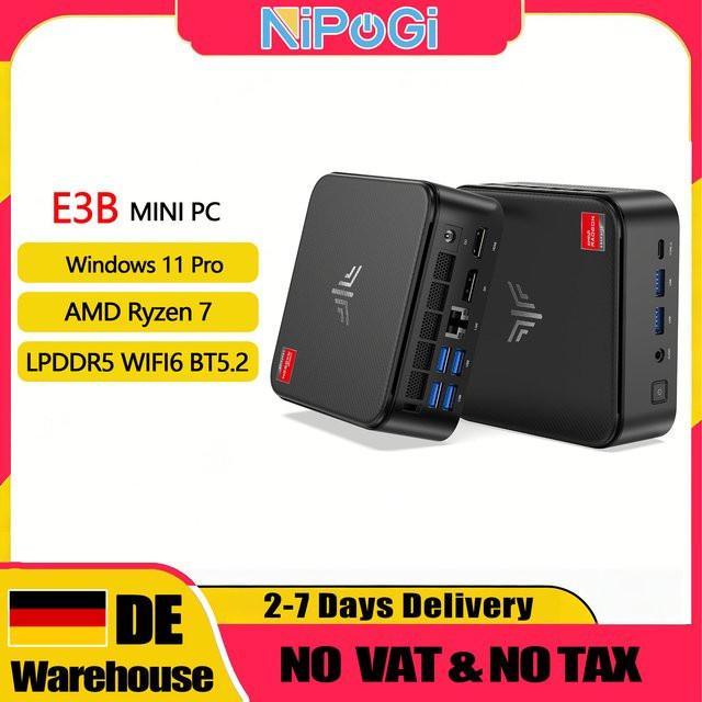 NIPOGI E3B Mini-PC mit AMD Ryzen 7 7735HS, 16GB LPDDR5, 512GB M.2 SSD, Mini-Gaming-PC in Schwarz mit USB-C und Unterstützung für Dreifach-4K-Display - Bild 1