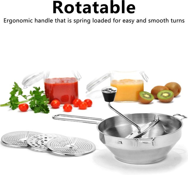 Manuelle Gemüsemühle aus Edelstahl in Silber mit 3 Siebscheiben für Kartoffeln und Obst - Bild 1
