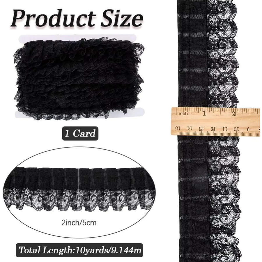 Plissierter Organza-Spitzenbesatz in Schwarz, doppellagiges gerafftes Spitzenrandband aus Tüll, Breite: 5,1 cm, 10 Yards Länge - Bild 2