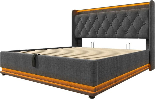 okwish Polsterbett Grau mit Matratze, LED-Unterbettbeleuchtung und USB-C Anschluss, B/T/H: 140 x 200 x 104 cm - Bild 1