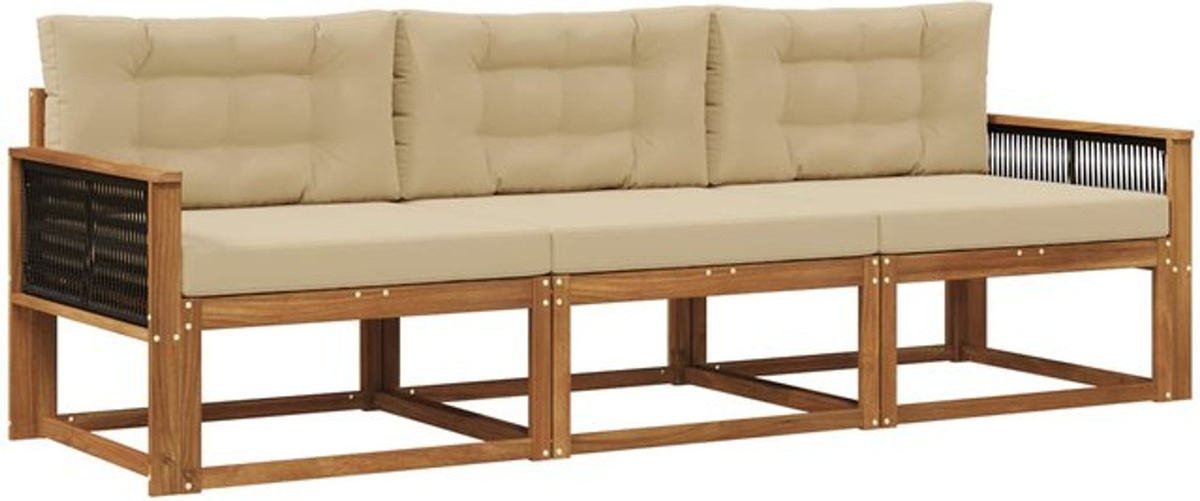 Modernes Outdoor-Sofagarnitur Set aus Akazie mit Kissen von vidaXL, 3-teilig, Natur und Beige - Bild 1