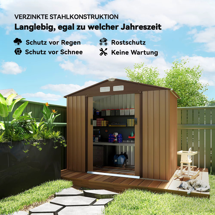 Outsunny Gartenhaus aus verzinktem Stahl in Braun mit Bodenrahmen und Schiebetüren, B/H/T: 130 x 185 x 213 cm - Bild 8