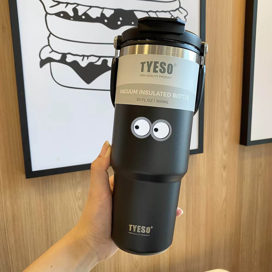 Tyeso Reisebecher Vakuum-Isolierbecher aus Edelstahl mit Augenaufkleber, Schwarz, 900 ml - Bild 5