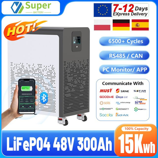 AMZVISION LiFePO4 Batterie 48V 300Ah 15kWh mit Bluetooth, BMS, RS485 und CAN, 51.2V Lithium-Batterie - Bild 1
