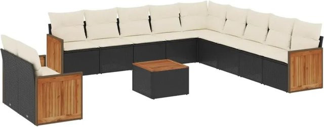 vidaXL 12-teilige Garten-Sofagarnitur in L-Form aus Polyrattan und Akazienholz mit Kissen in Schwarz-Creme - Bild 1