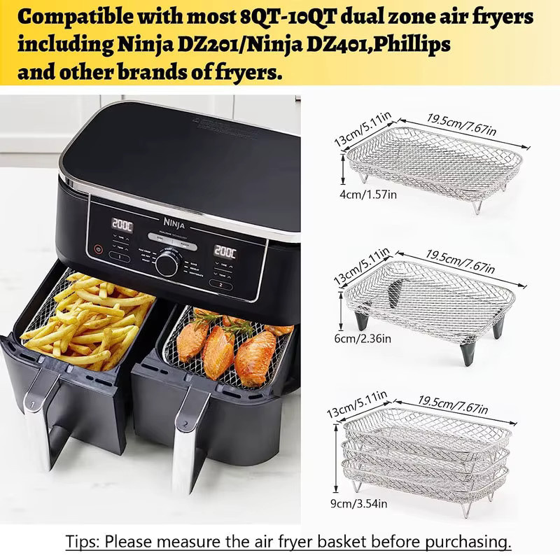 Ninja Air Fryer Zubehör 3-lagiger rechteckiger stapelbarer Grillständer für Dual/Double/Two Basket Airfryer Oven in Silber und Pink, B/T/H: 19,5 x 13,0 cm - Bild 4