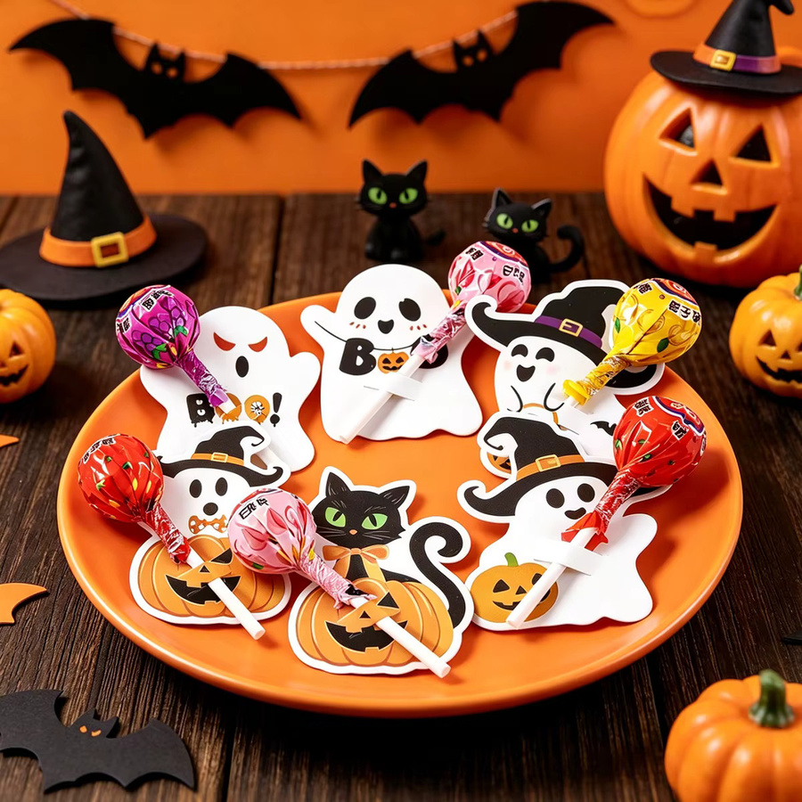 48 Stück Halloween-Lollipop-Halterkarten aus Papier mit Kürbis- und Geister-Muster in Weiß für deine Party-Dekoration und DIY-Geschenke - Bild 4