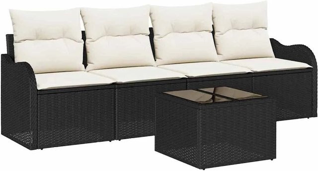 vidaXL 5-teiliges Garten Sofa Set aus Polyrattan in Schwarz mit Kissen für Garten, Balkon und Terrasse - Bild 1
