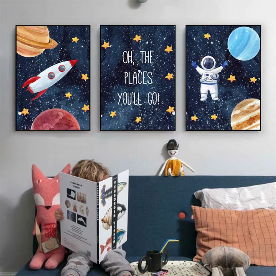 Potdemiel Wandbild Astronaut mit Rakete, Mond und Sternen im Nordic Design, Mehrfarbige Leinwand Kunst für das Kinderzimmer - Bild 4