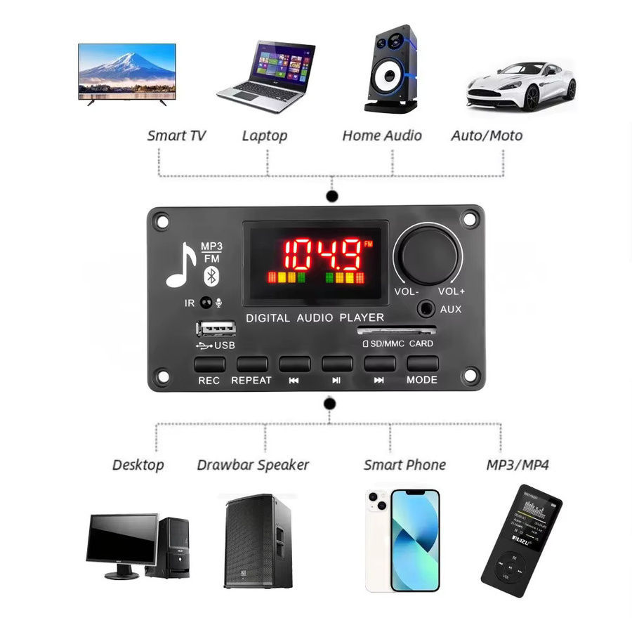 Kebidu Bluetooth 5.0 MP3 Decoder Board mit 80W Verstärker, FM Radio, USB, TF und Mikrofon-Eingang, Schwarz - Bild 4