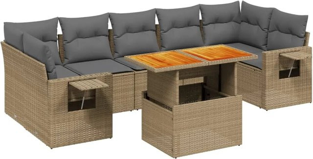 vidaXL 8-teiliges Garten-Sofagarnitur in L-Form aus beige Poly-Rattan mit Kissen und Armlehnen - Bild 1