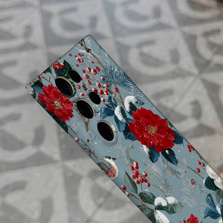 Stoßfeste Doppelschicht Handyhülle mit winterlichem Schnee-Blumen- und Vogel-Design für Samsung Galaxy S25 Ultra, S24 und S23 Ultra Plus, Multicolor - Bild 5