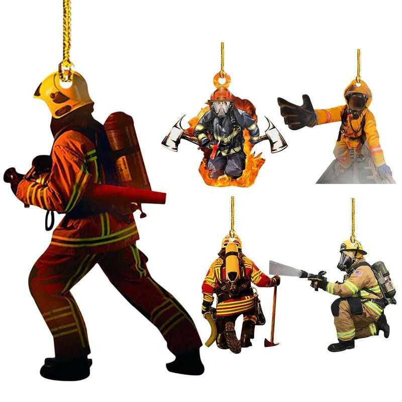 Hängendes Weihnachtsbaum Ornament aus Acryl mit Mini Feuerwehrmann Figuren als Anhänger für Auto Rückspiegel und Dekoration - Bild 2