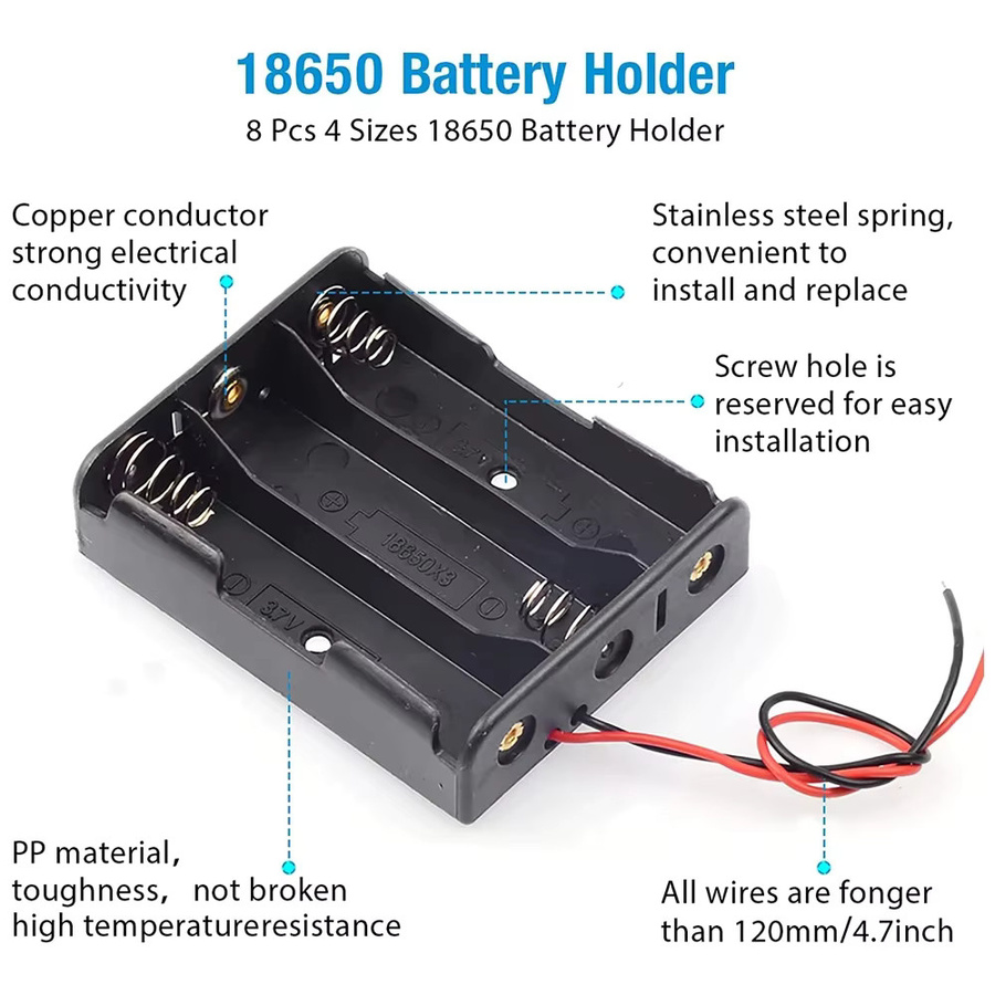 AOKIN 3er Set 18650 Batteriehalter Box mit Anschlusskabeln in Schwarz und Rot für 3,7 V Batterien - Bild 3