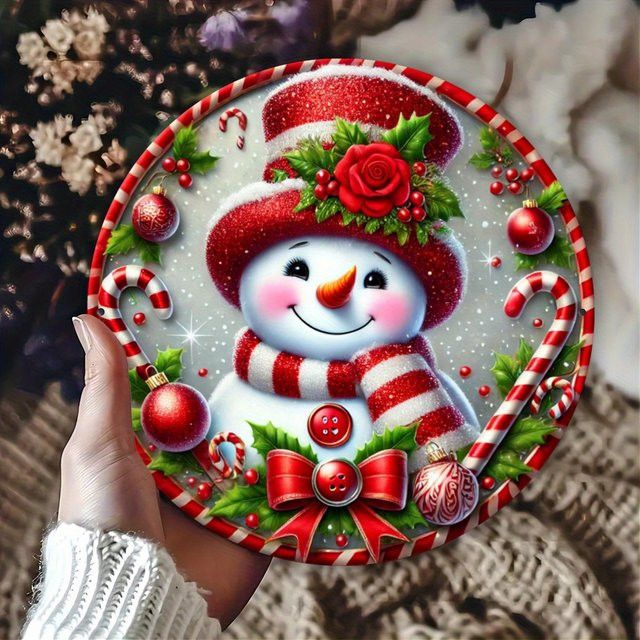 Potdemiel Rundes Eisen-Metallschild mit Schneemann-Design in Multicolor, Durchmesser: 20,3 cm - Bild 1