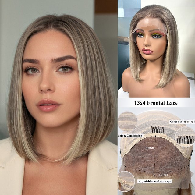 HAIRCUBE Bob Perücke, grau braun blond gemischt, HD transparente Spitze, Damen - Bild 1