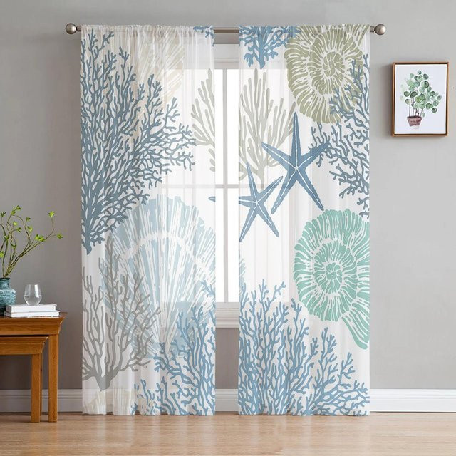 Yiran Furniture Transparente Tüll-Vorhänge mit Marine-Motiv Muscheln Seesterne Seepferdchen in Blau, 2er-Set, Breite: 135 cm, Höhe: 274 cm - Bild 1