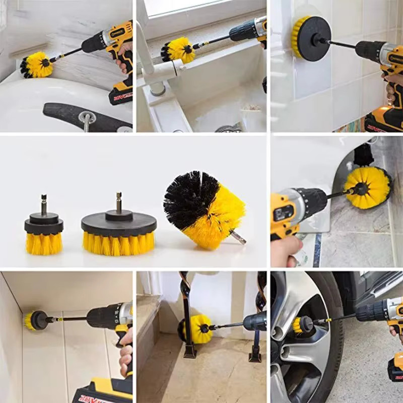 Untior 3-teiliges Set elektrische Reinigungsbürsten in Gelb mit runden Nylonbürsten für Teppich, Glas und Autoreifen - Bild 3