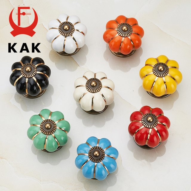 KAK 5er Set Kürbis Keramik Griffe in Beige und Multicolour für Schrank und Schubladen, Durchmesser: 40 mm - Bild 1