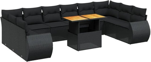 vidaXL 11-tlg. Garten-Sofagarnitur in L-Form aus Polyrattan und Akazienholz mit Kissen, Schwarz - Bild 1