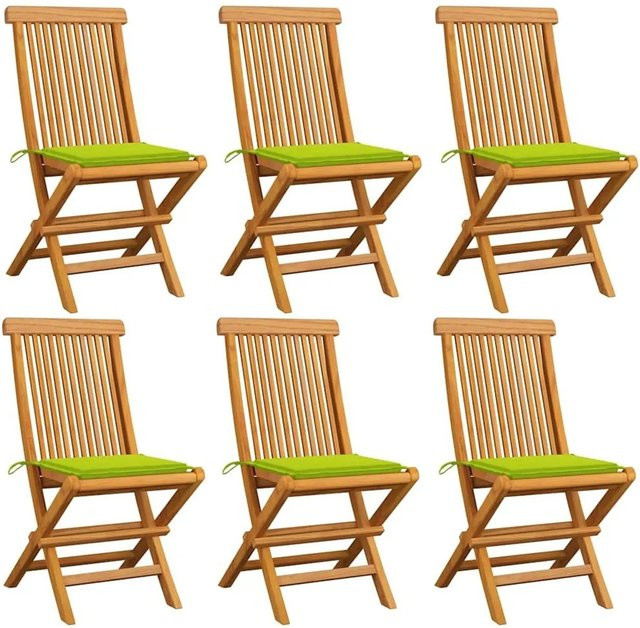 vidaXL Gartenstuhl-Set aus Teakholz mit hellgrünen Kissen, 6 Stück, braun - Bild 1
