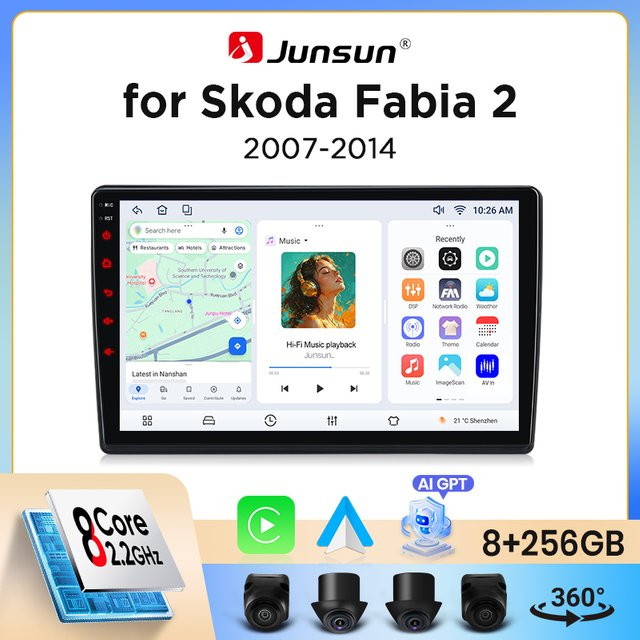 Junsun Wireless CarPlay und Android Auto Autoradio für Skoda Fabia Mk2 (5J) 2007-2014 in Schwarz mit GPS Navigation, WiFi, Bluetooth und IPS Touchscreen - Bild 1