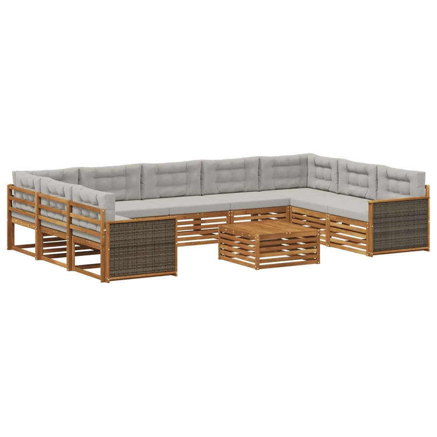 vidaXL Outdoor-Sofagarnitur L-Form aus Akazienholz mit 10 Kissen in Hellgrau und Natur - Bild 2