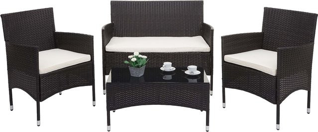 MCW Poly-Rattan Garten-Garnitur F55, 4-teiliges Lounge-Set in Braun mit beigen Sitzpolstern und Tisch mit Glasplatte - Bild 1