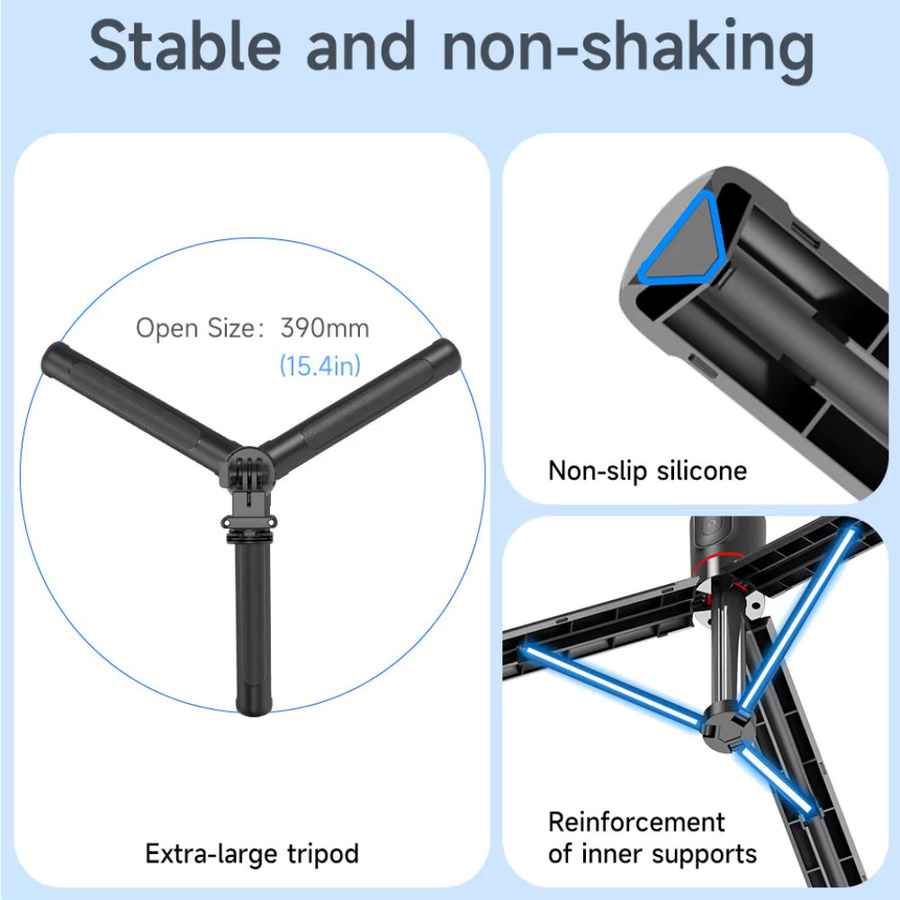 FANGTUOSI Selfie-Stick-Stativ mit Bluetooth-Fernbedienung, 6-teilige ausziehbare Stange, 360 Grad drehbar, mit optionaler Beleuchtung für Handy-Vlogs, Schwarz - Bild 6