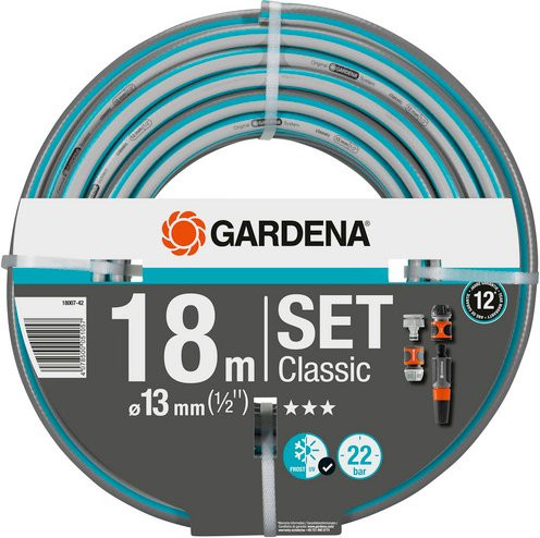 Gardena Classic Schlauch-Set mit Systemteilen und Spritze, 18 m, grau/blau/orange - Bild 1