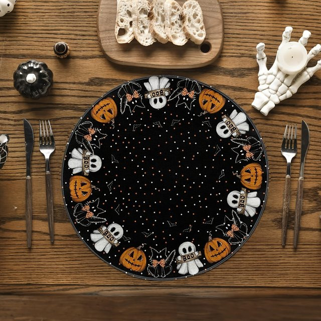 VIKAMA Halloween Tischsets mit Geister- und Kürbis-Motiv, 4/6-teiliges Set aus Leinen, Schwarz, Rund - Bild 1