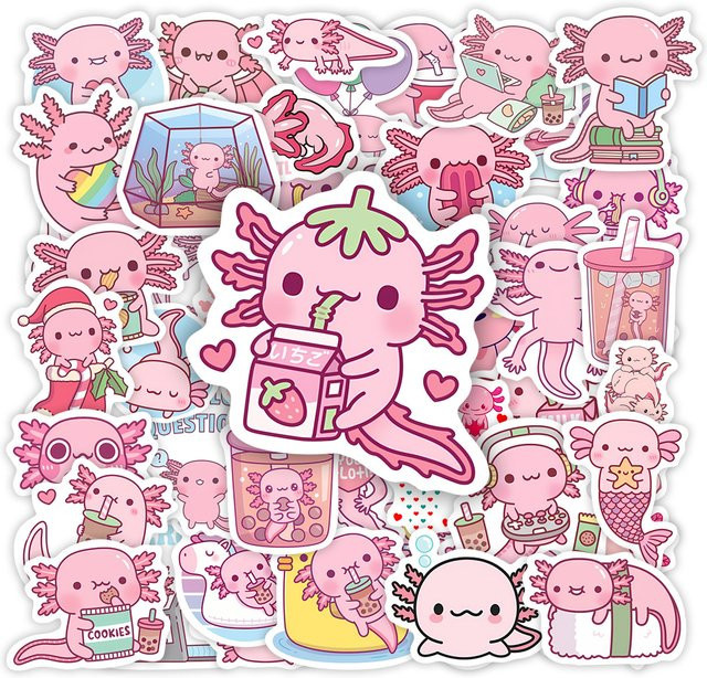 Wasserdichte Kawaii Cartoon Axolotl Aufkleber in Pink für Kinder zum Gestalten von Laptop, Telefon und Gepäck - Bild 1