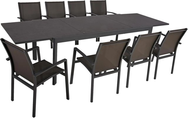 DELUKE Garten-Sitzgruppe EDGAR 9-teilig in Dunkelgrau mit ausziehbarem Esstisch aus Aluminium und Glas in Keramik-Optik - Bild 1
