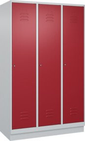 C+P Spind Classic PLUS Garderobenschrank mit Sockel, 3 Abteile, Grau/Rot, Stahlkonstruktion mit Zylinderschloss, Soft-Close-Türen, H x B x T: 195 x 120 x 50 cm - Bild 1